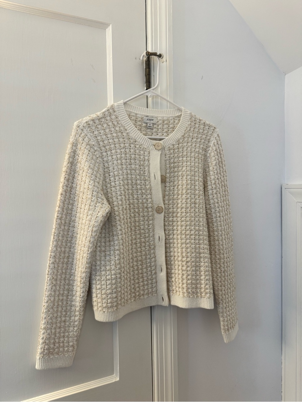 J. Crew Ivory Waffle-Knit Button Cardigan